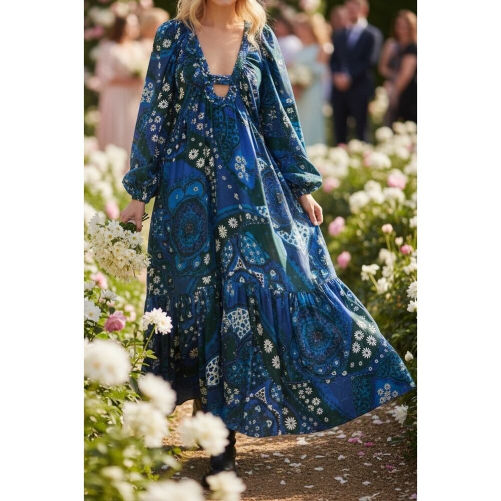 Wedding Guest Dress Sea New York Silk Tiered Maxi Puff Sleeve Blue Boho